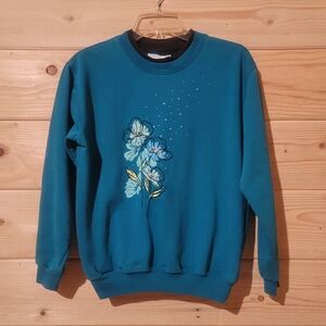 Vintage Floral Embroidered Crew Neck Sweater - Teal Size M 20x23